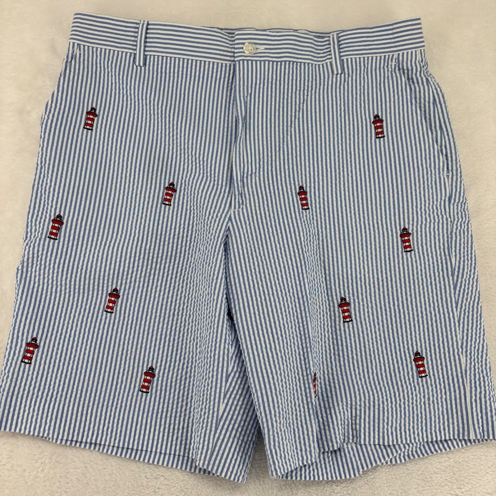 Berle Mens Seersucker Lighthouse Embroidered Shorts Blue White Stripe Size 34